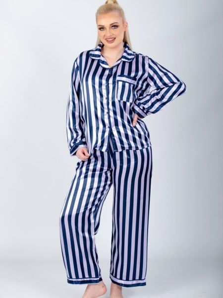 striped satin pajama set ( purple/blue )