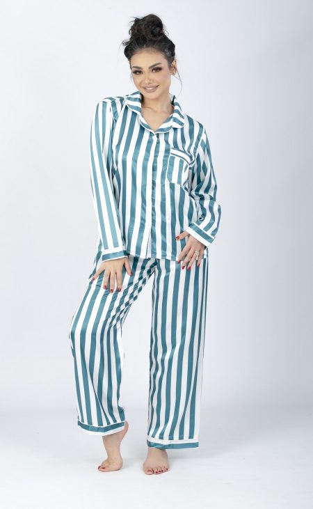 Striped Satin Pajama Set Green Genzary
