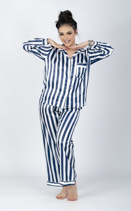Striped Satin Pajama Set Midnight Blue
